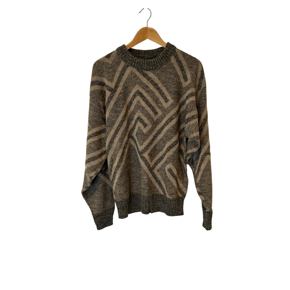 Le Tigre Sweater Mens L Brown Geometric Greek Key V 80s USA Grandpacore